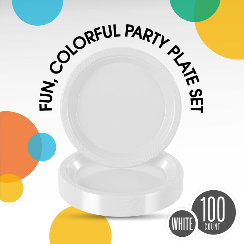 Party Solids Exquisite Party Solids White Plastic Plates For Party 9" White Disposable Plates Heavy Duty 100 Pcs Plastic Dinnerware Sets Heavy Duty 350 GSM Disposable Dinnerware Set - Image 2